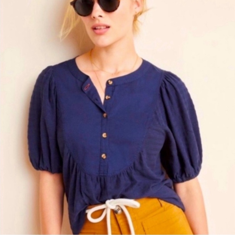 Anthropologie Elinor Puff Sleeve Textured Peasant Top size X-Small OBI027323